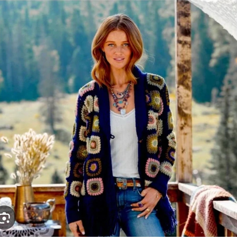 French Knot “Fran” crocheted granny square wool cardigan. Handmade in Nepal. New